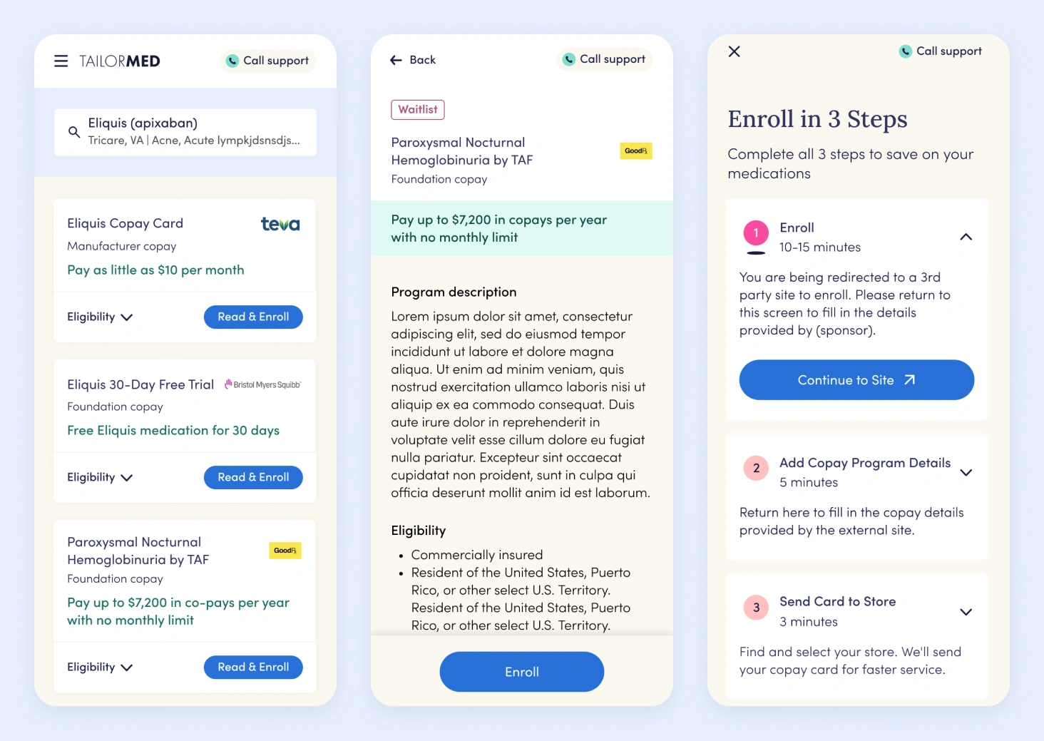 TailorMed search result screens